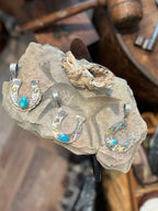 Kimari Somers Hand Stamped Sterling Silver Heart Motif Horseshoe Pendant with Brass & Royston Turquoise - Che Cose Belle
