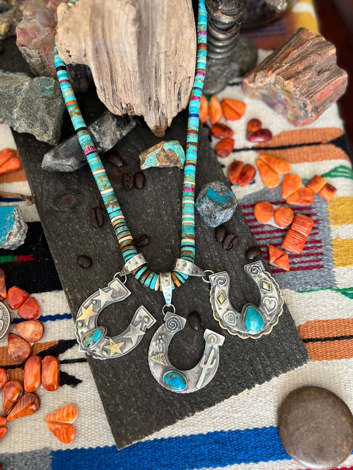 Kimari Somers Hand Stamped Sterling Silver Heart Motif Horseshoe Pendant with Brass & Royston Turquoise - Che Cose Belle