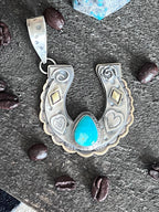Kimari Somers Hand Stamped Sterling Silver Heart Motif Horseshoe Pendant with Brass & Royston Turquoise - Che Cose Belle
