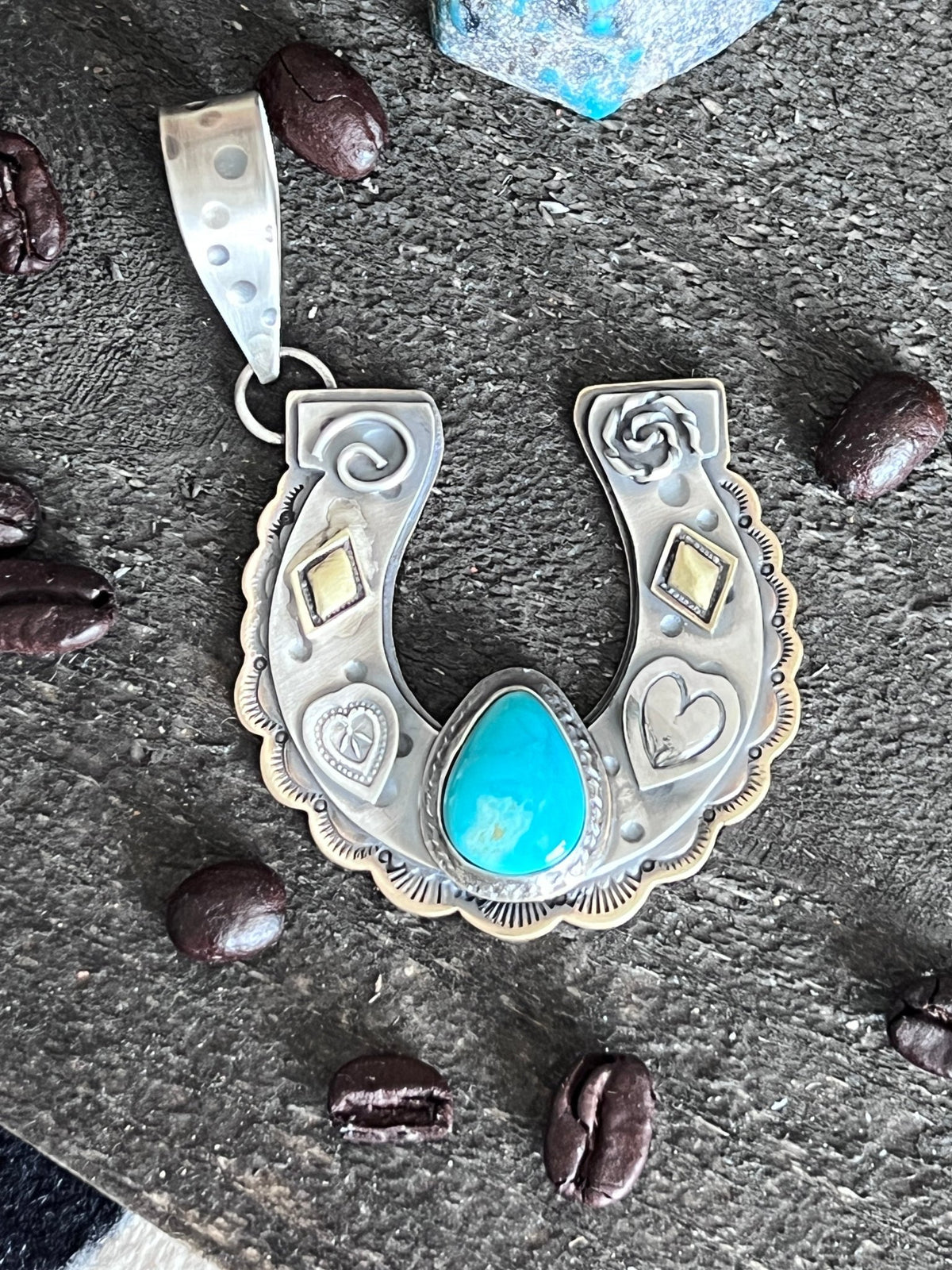Kimari Somers Hand Stamped Sterling Silver Heart Motif Horseshoe Pendant with Brass & Royston Turquoise - Che Cose Belle