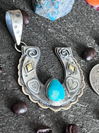 Kimari Somers Hand Stamped Sterling Silver Heart Motif Horseshoe Pendant with Brass & Royston Turquoise - Che Cose Belle