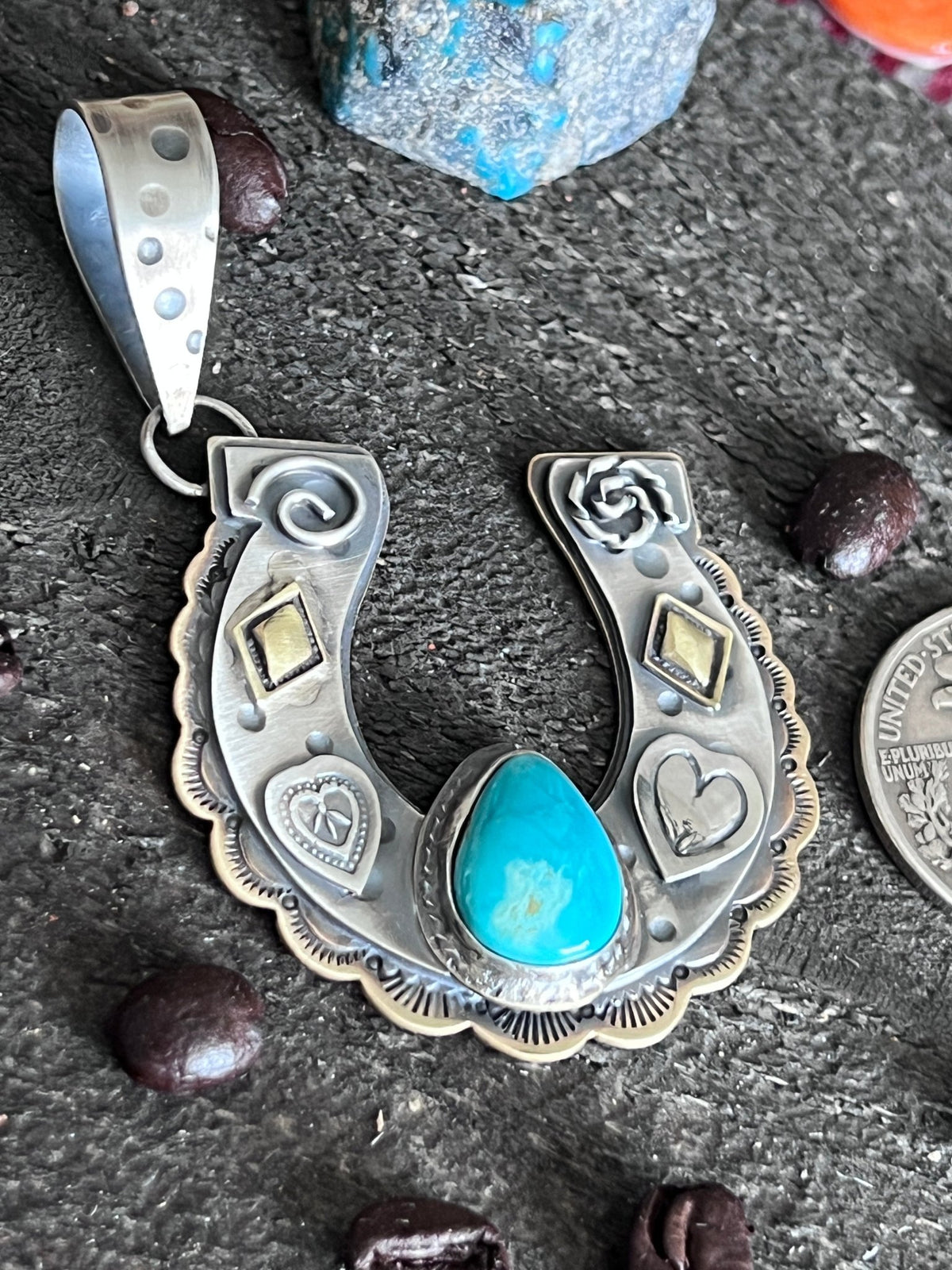 Kimari Somers Hand Stamped Sterling Silver Heart Motif Horseshoe Pendant with Brass & Royston Turquoise - Che Cose Belle