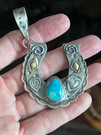 Kimari Somers Hand Stamped Sterling Silver Heart Motif Horseshoe Pendant with Brass & Royston Turquoise - Che Cose Belle