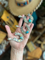 Kimari Somers Hand Stamped Sterling Silver Heart Motif Horseshoe Pendant with Brass & Royston Turquoise - Che Cose Belle