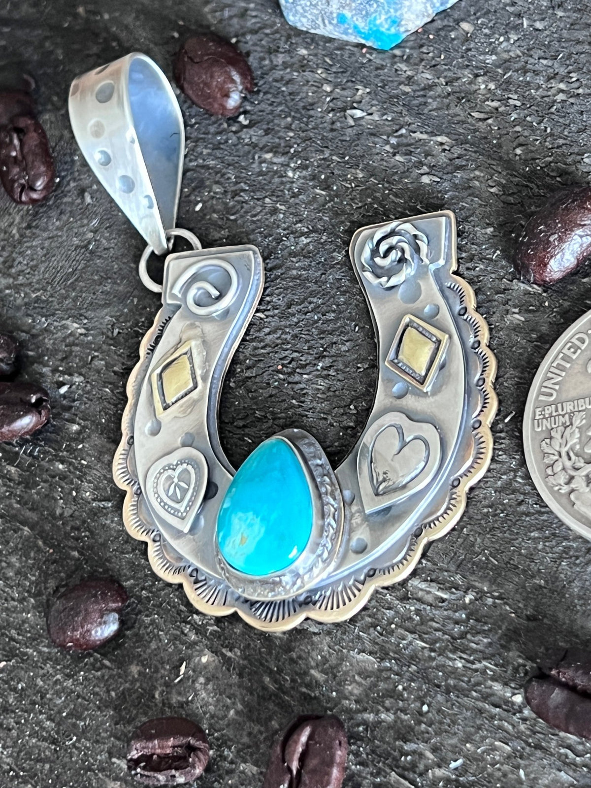 Kimari Somers Hand Stamped Sterling Silver Heart Motif Horseshoe Pendant with Brass & Royston Turquoise - Che Cose Belle