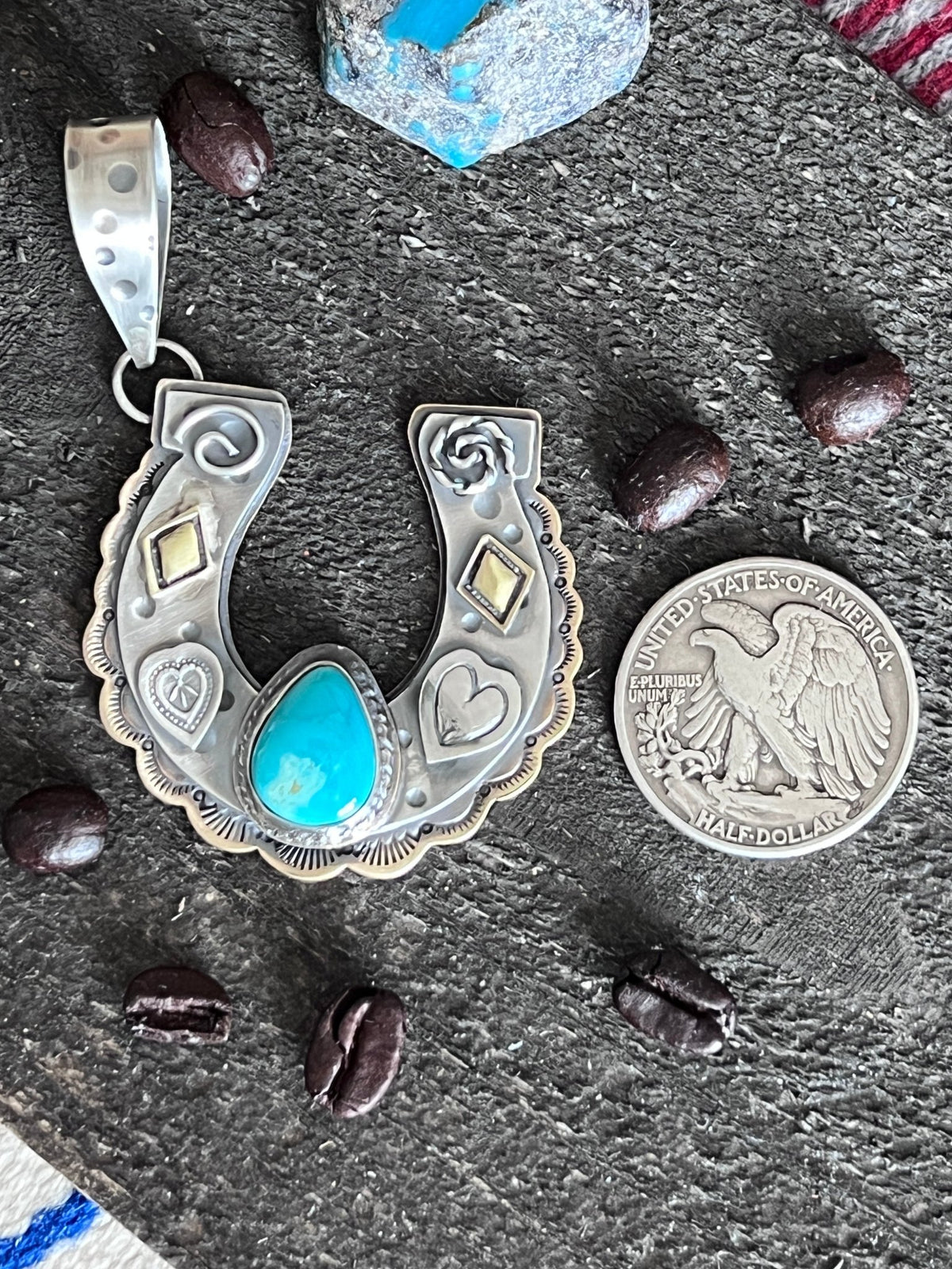 Kimari Somers Hand Stamped Sterling Silver Heart Motif Horseshoe Pendant with Brass & Royston Turquoise - Che Cose Belle