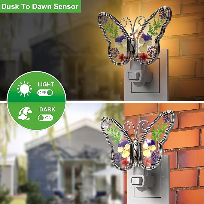 KY&BOSAM Butterfly Night Light Plug into Wall Night Lights Real Flower Glass and Metal Nightlights for Hallway Nursery Bedroom Bathroom Kids Room Kitchen Stairway Accent Elegant Themed Home Decoration - Che Cose Belle