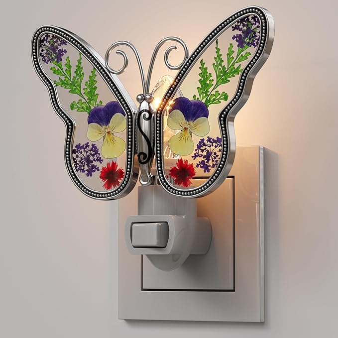 KY&BOSAM Butterfly Night Light Plug into Wall Night Lights Real Flower Glass and Metal Nightlights for Hallway Nursery Bedroom Bathroom Kids Room Kitchen Stairway Accent Elegant Themed Home Decoration - Che Cose Belle