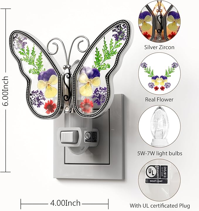 KY&BOSAM Butterfly Night Light Plug into Wall Night Lights Real Flower Glass and Metal Nightlights for Hallway Nursery Bedroom Bathroom Kids Room Kitchen Stairway Accent Elegant Themed Home Decoration - Che Cose Belle