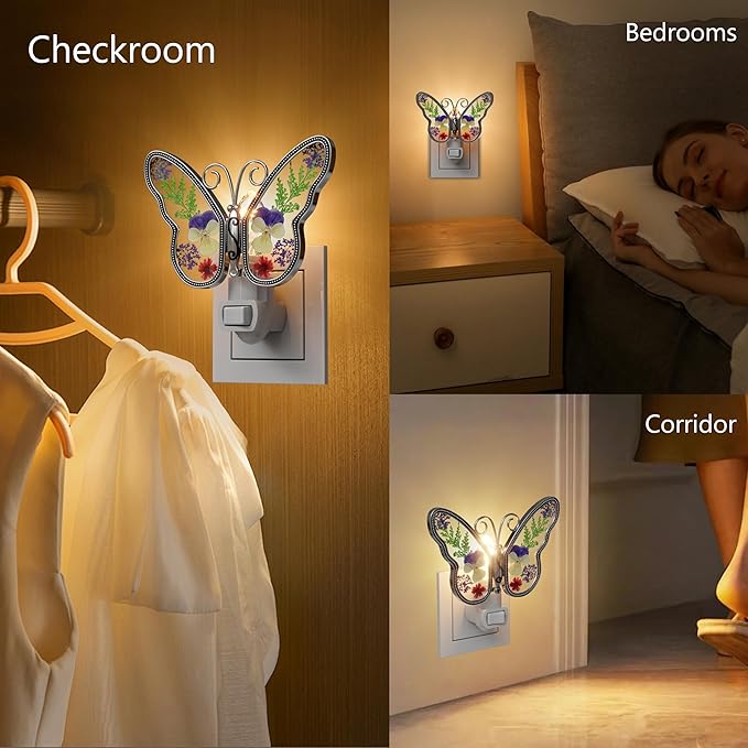KY&BOSAM Butterfly Night Light Plug into Wall Night Lights Real Flower Glass and Metal Nightlights for Hallway Nursery Bedroom Bathroom Kids Room Kitchen Stairway Accent Elegant Themed Home Decoration - Che Cose Belle