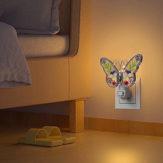 KY&BOSAM Butterfly Night Light Plug into Wall Night Lights Real Flower Glass and Metal Nightlights for Hallway Nursery Bedroom Bathroom Kids Room Kitchen Stairway Accent Elegant Themed Home Decoration - Che Cose Belle