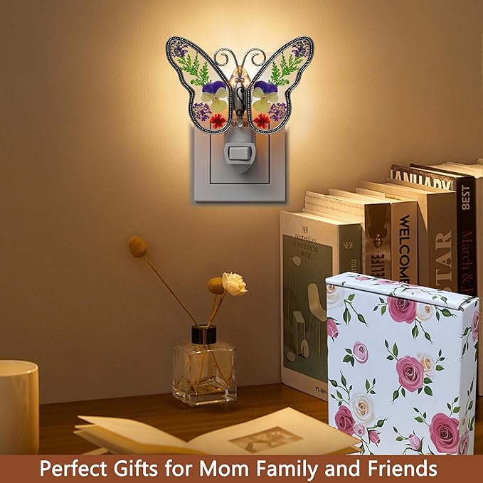 KY&BOSAM Butterfly Night Light Plug into Wall Night Lights Real Flower Glass and Metal Nightlights for Hallway Nursery Bedroom Bathroom Kids Room Kitchen Stairway Accent Elegant Themed Home Decoration - Che Cose Belle