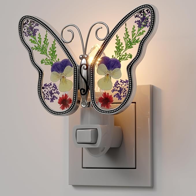 KY&BOSAM Butterfly Night Light Plug into Wall Night Lights Real Flower Glass and Metal Nightlights for Hallway Nursery Bedroom Bathroom Kids Room Kitchen Stairway Accent Elegant Themed Home Decoration - Che Cose Belle
