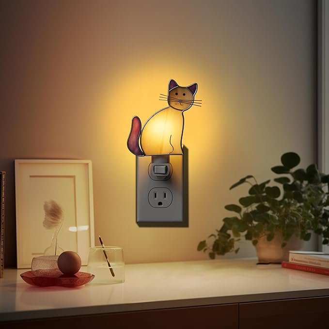 KY&BOSAM Cat Night Light Stained Glass Yellow Plug in Nightlight Decorative Wall Night Lights 7 Watt Bulb Accent Lite Night Memorial Gifts Pet Lost Sympathy Thoughtful Dogs and Cats Remembrance Decor - Che Cose Belle