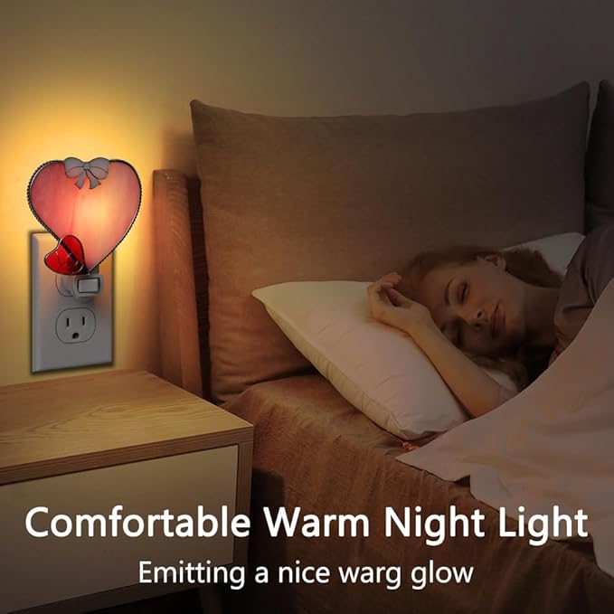 KY&BOSAM Plug in Pink Heart Night Light Stained Glass Nightlight Decorative Wall Night lights with On/Off Switch Come with 7 Watt Bulb Mother`s Christmas Valentine`s Holiday Spring & Winter Home Decor - Che Cose Belle