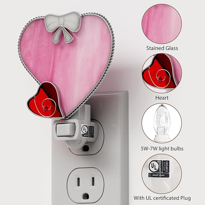 KY&BOSAM Plug in Pink Heart Night Light Stained Glass Nightlight Decorative Wall Night lights with On/Off Switch Come with 7 Watt Bulb Mother`s Christmas Valentine`s Holiday Spring & Winter Home Decor - Che Cose Belle