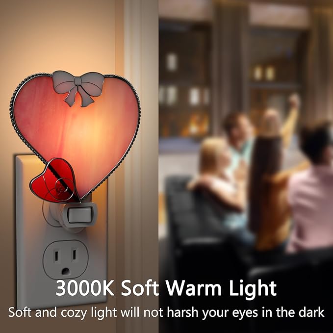 KY&BOSAM Plug in Pink Heart Night Light Stained Glass Nightlight Decorative Wall Night lights with On/Off Switch Come with 7 Watt Bulb Mother`s Christmas Valentine`s Holiday Spring & Winter Home Decor - Che Cose Belle