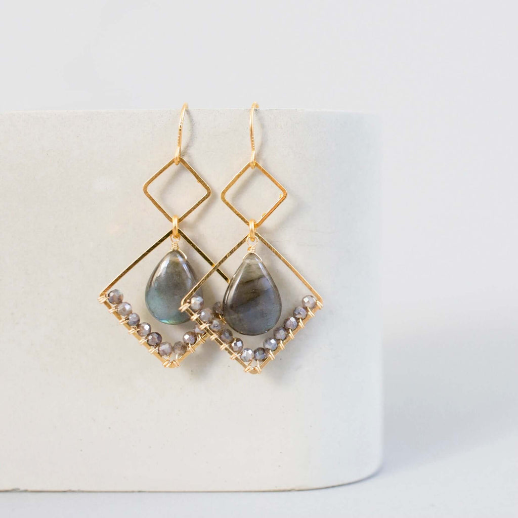 Labradorite Gold Geometric Earrings - Che Cose Belle