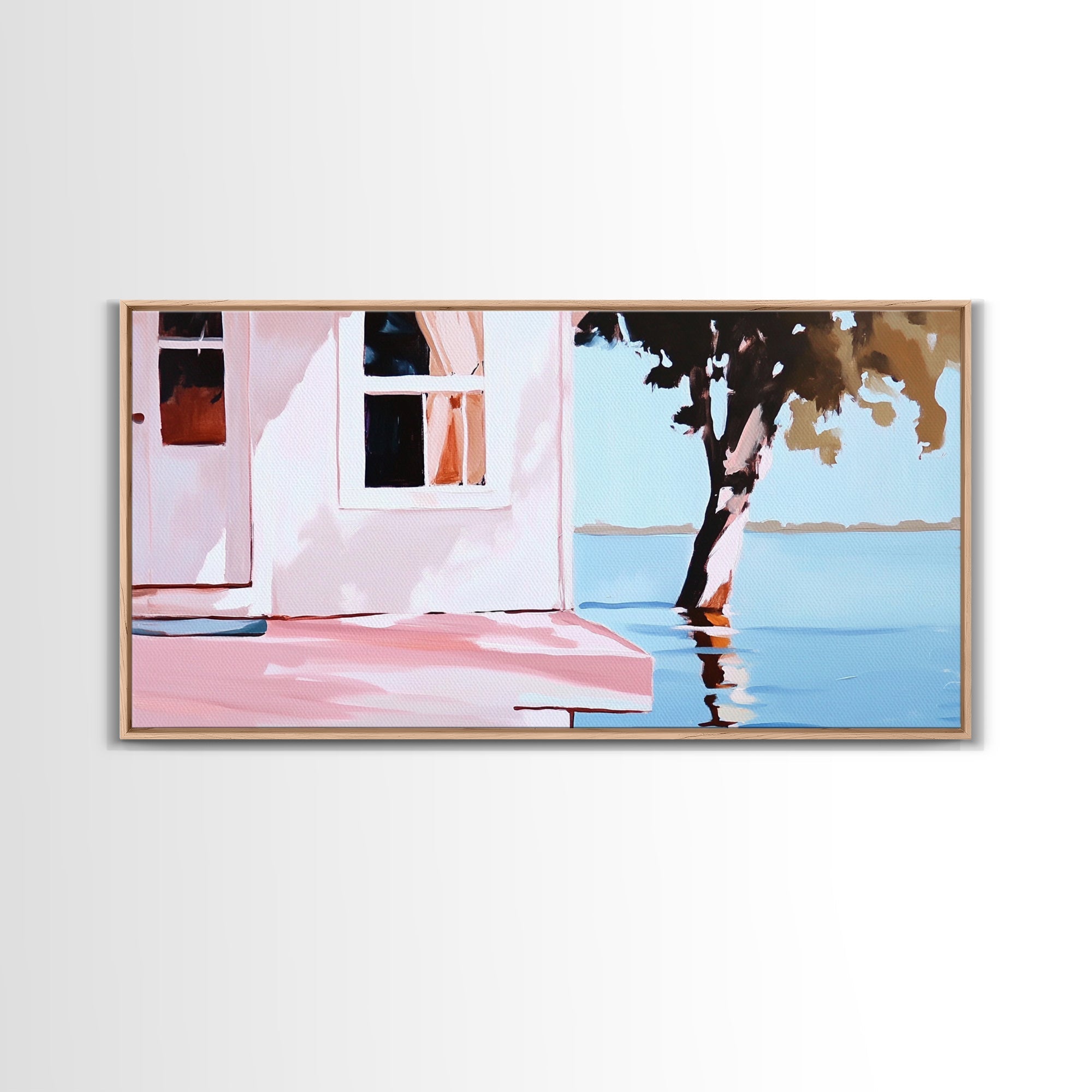 Lake House, Nature Reflection, Peaceful Retreat, Summer Serenity, Framed Canvas Print, Living Room Wall Art, Rustic Home Decor, Pastel - Che Cose Belle