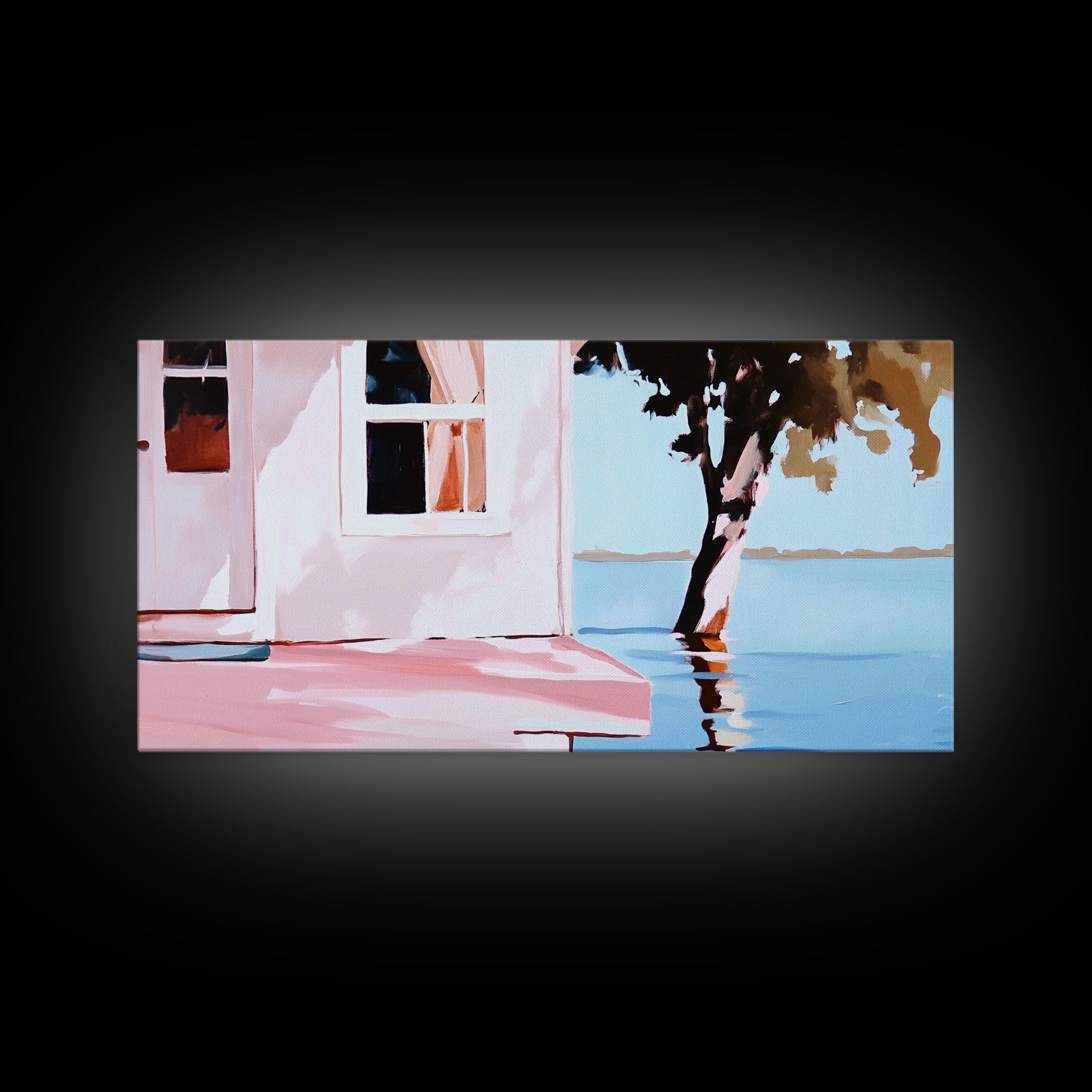 Lake House, Nature Reflection, Peaceful Retreat, Summer Serenity, Framed Canvas Print, Living Room Wall Art, Rustic Home Decor, Pastel - Che Cose Belle
