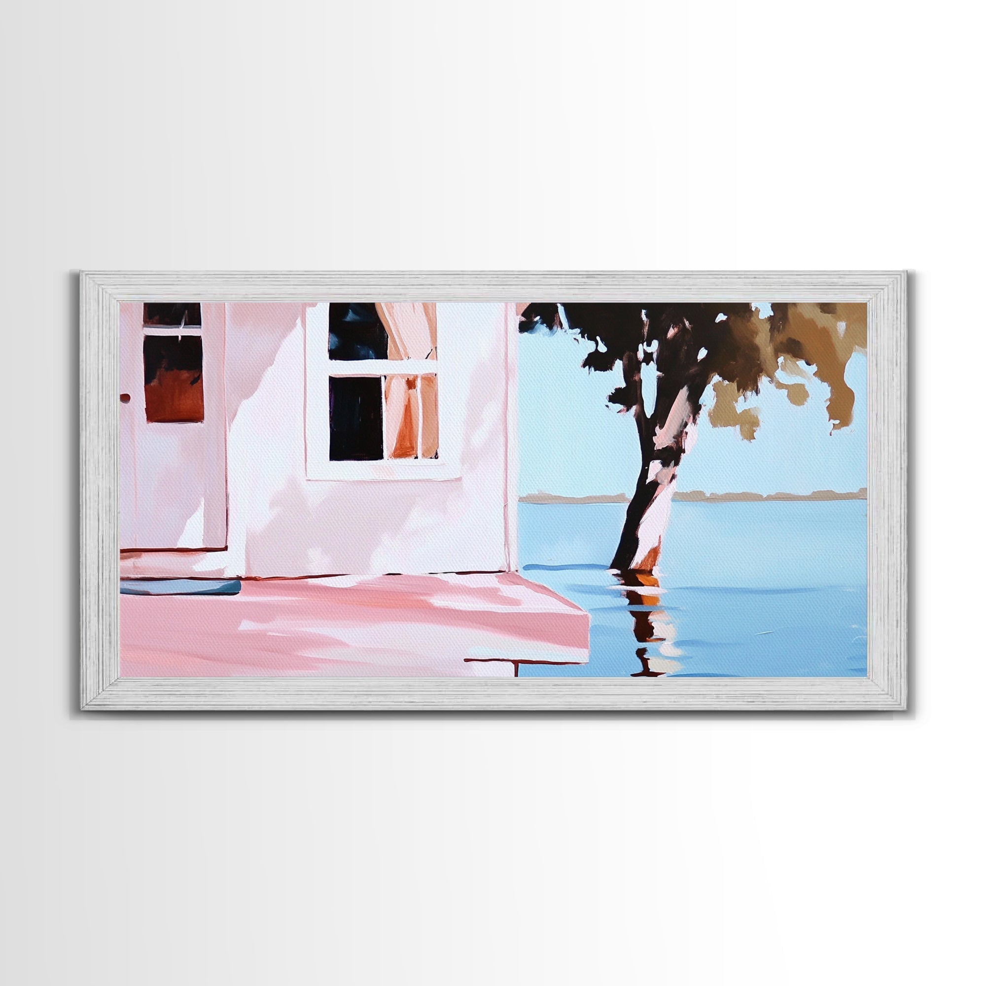 Lake House, Nature Reflection, Peaceful Retreat, Summer Serenity, Framed Canvas Print, Living Room Wall Art, Rustic Home Decor, Pastel - Che Cose Belle