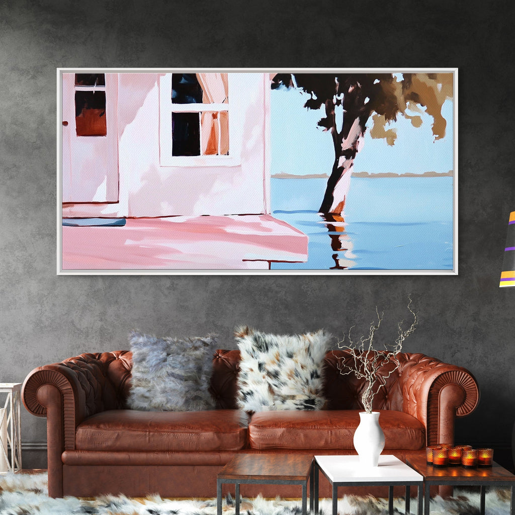 Lake House, Nature Reflection, Peaceful Retreat, Summer Serenity, Framed Canvas Print, Living Room Wall Art, Rustic Home Decor, Pastel - Che Cose Belle