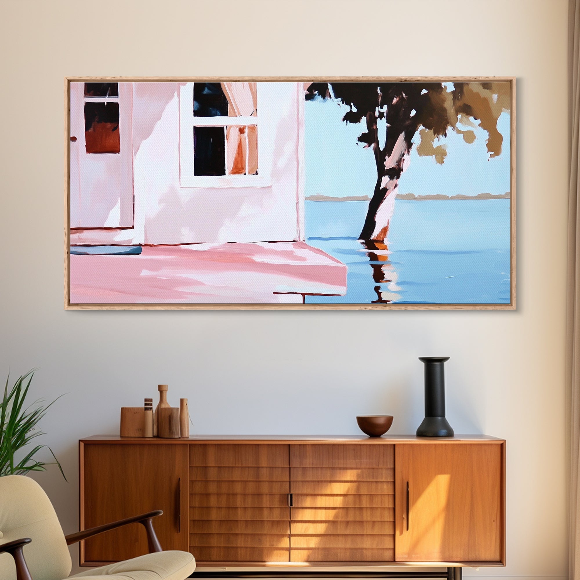 Lake House, Nature Reflection, Peaceful Retreat, Summer Serenity, Framed Canvas Print, Living Room Wall Art, Rustic Home Decor, Pastel - Che Cose Belle