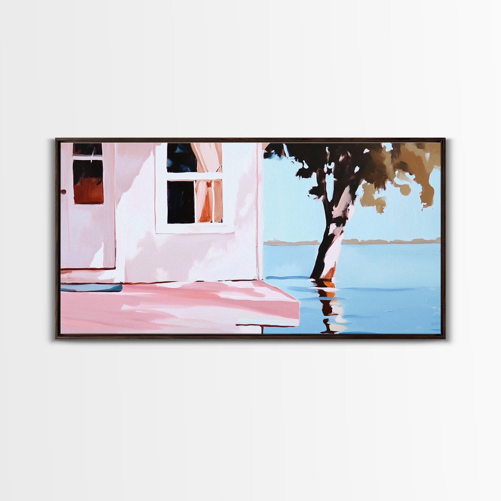 Lake House, Nature Reflection, Peaceful Retreat, Summer Serenity, Framed Canvas Print, Living Room Wall Art, Rustic Home Decor, Pastel - Che Cose Belle