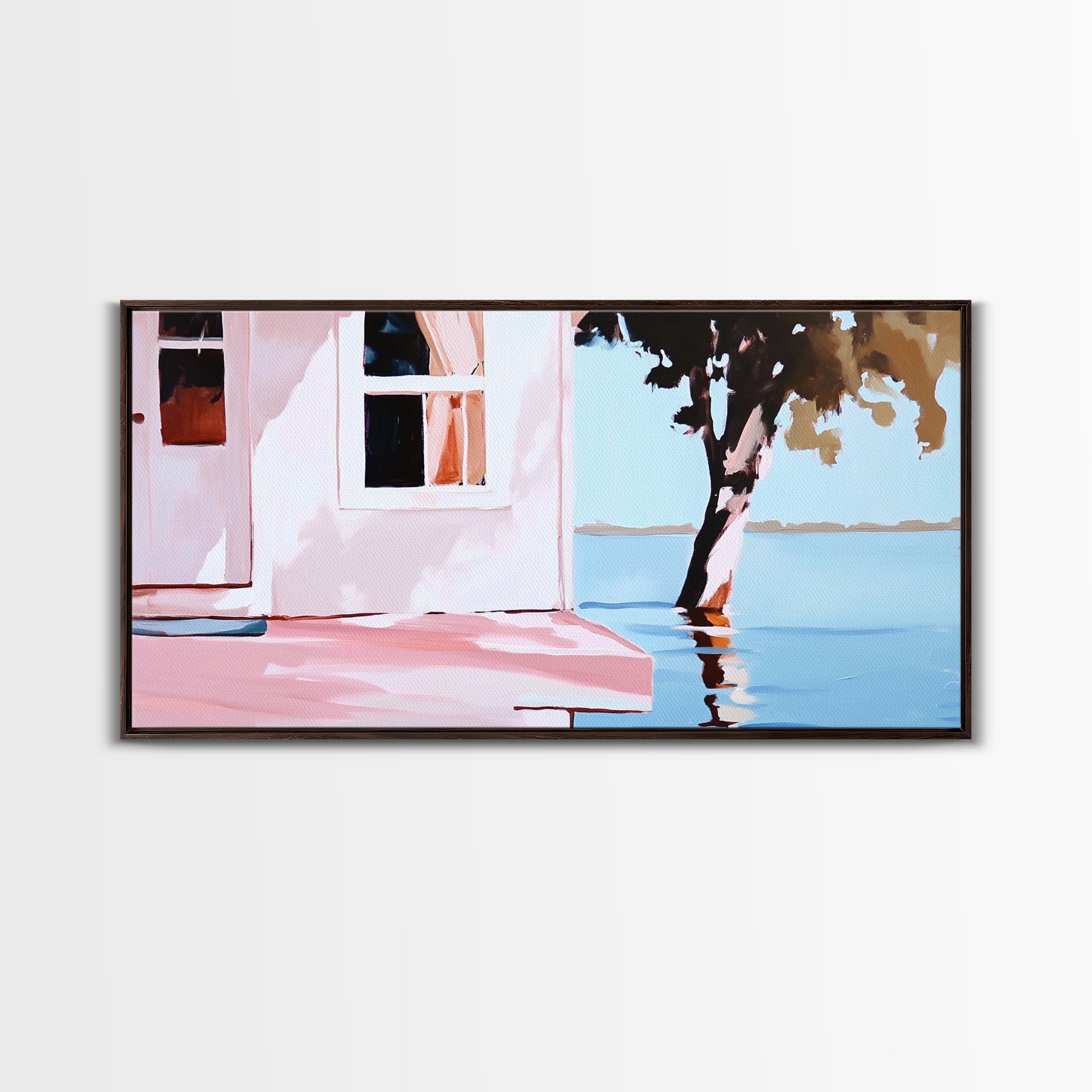 Lake House, Nature Reflection, Peaceful Retreat, Summer Serenity, Framed Canvas Print, Living Room Wall Art, Rustic Home Decor, Pastel - Che Cose Belle