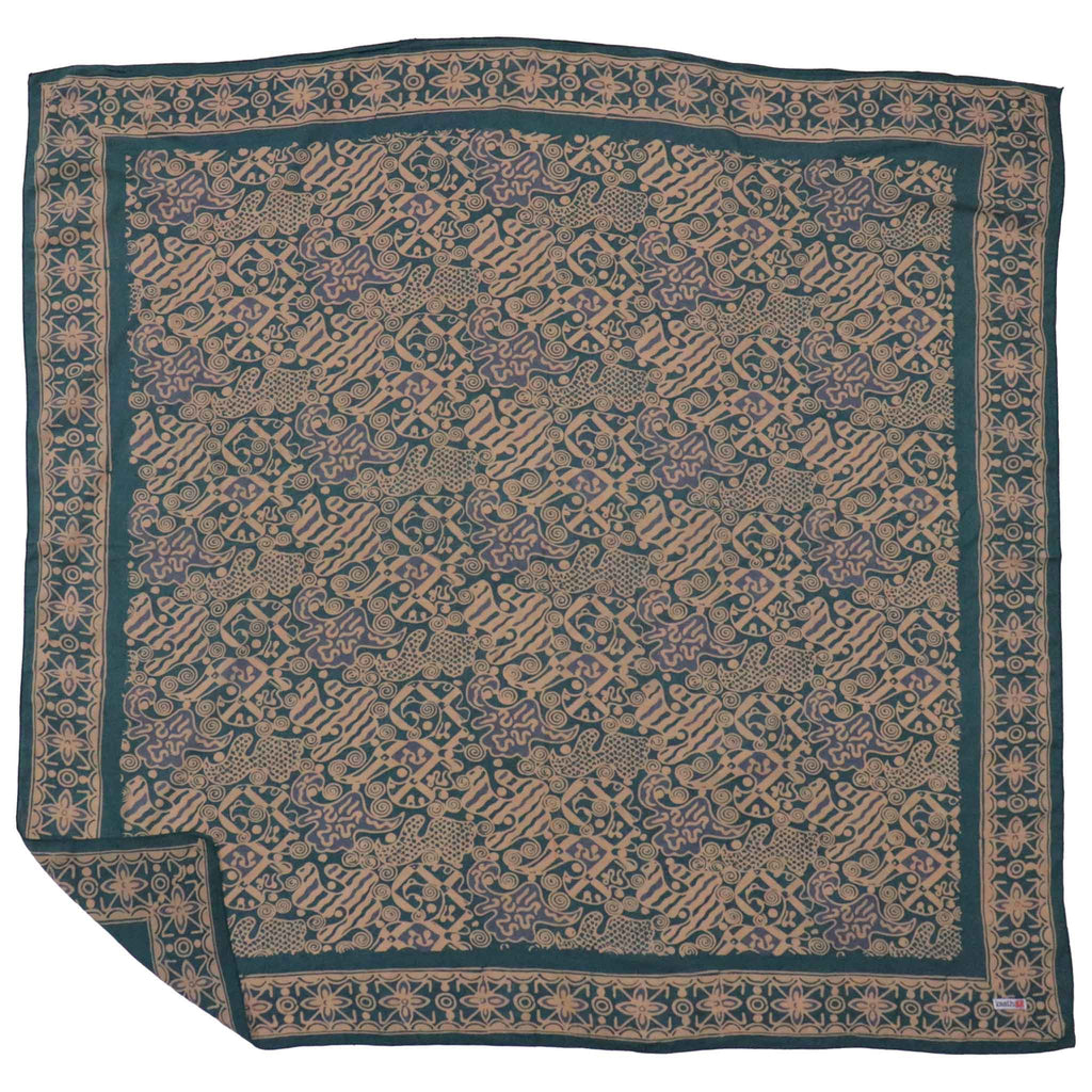 Large 39" Hand Dyed Batik Bandana, 100% Soft Cotton, Abstract Flowers, Teal, Patina Blue - Che Cose Belle