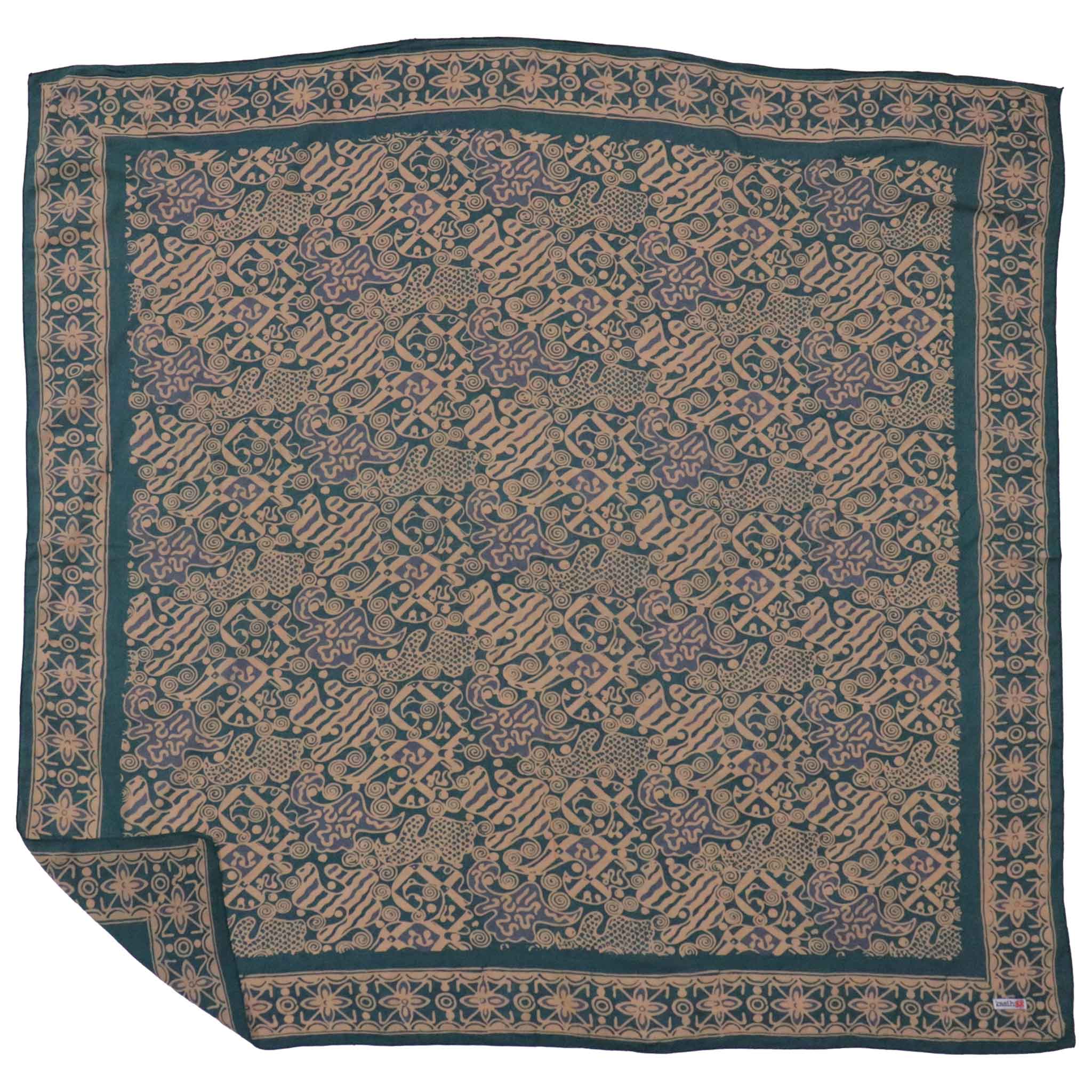 Large 39" Hand Dyed Batik Bandana, 100% Soft Cotton, Abstract Flowers, Teal, Patina Blue - Che Cose Belle