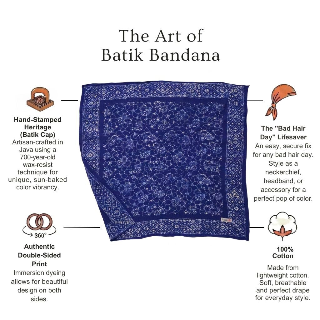 Large 39" Hand Dyed Batik Bandana, 100% Soft Cotton, Boulder, Blue - Che Cose Belle