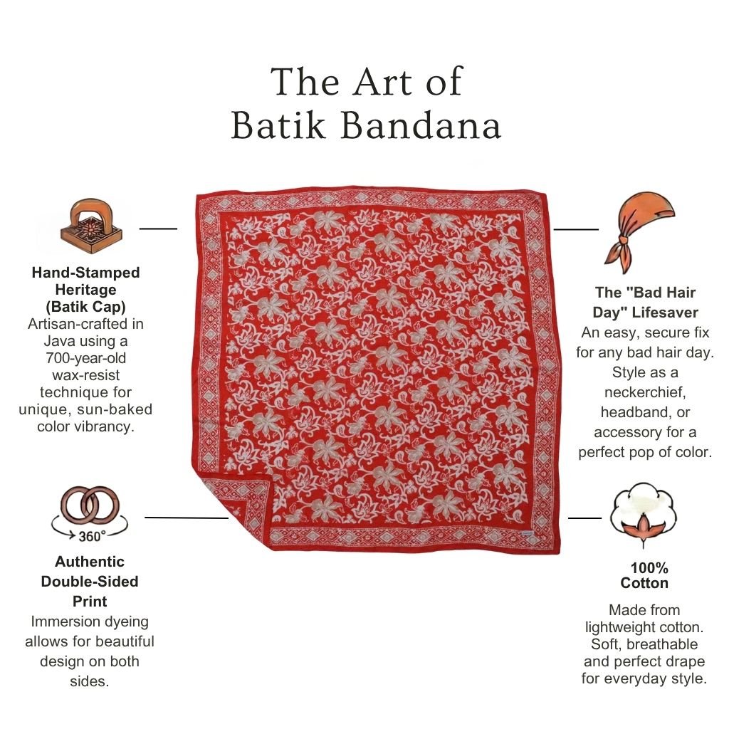 Large 39" Hand Dyed Batik Bandana, 100% Soft Cotton, Fiery Flora - Che Cose Belle