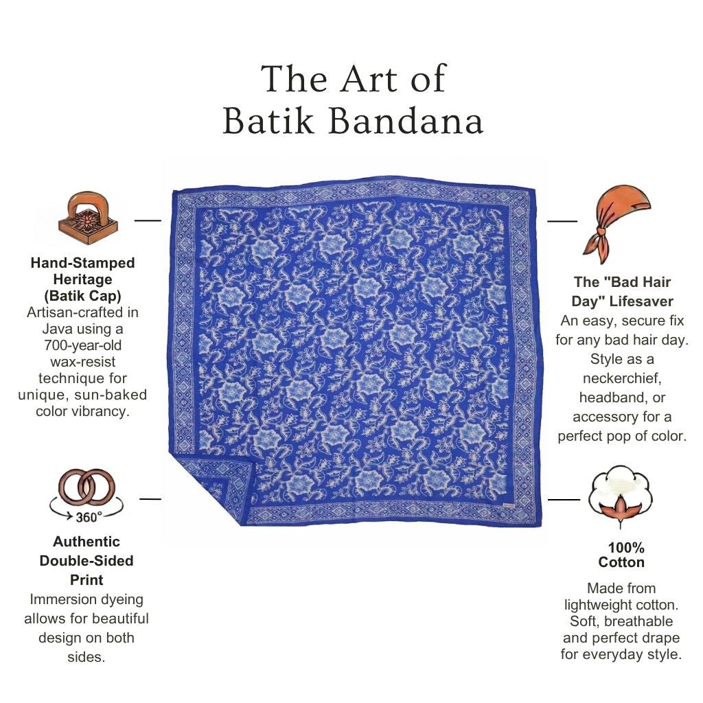 Large 39" Hand Dyed Batik Bandana, Blue Tendril, 100% Cotton - Che Cose Belle