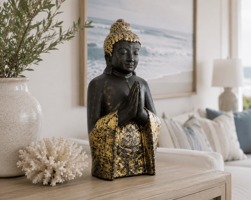 Large Black & Gold Praying Buddha Statue | Handcrafted Indonesian Décor - Che Cose Belle