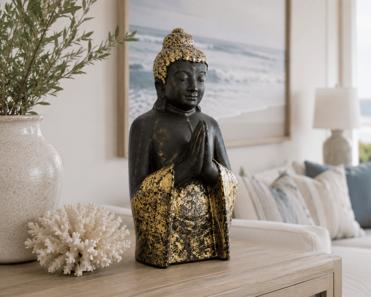 Large Black & Gold Praying Buddha Statue | Handcrafted Indonesian Décor - Che Cose Belle