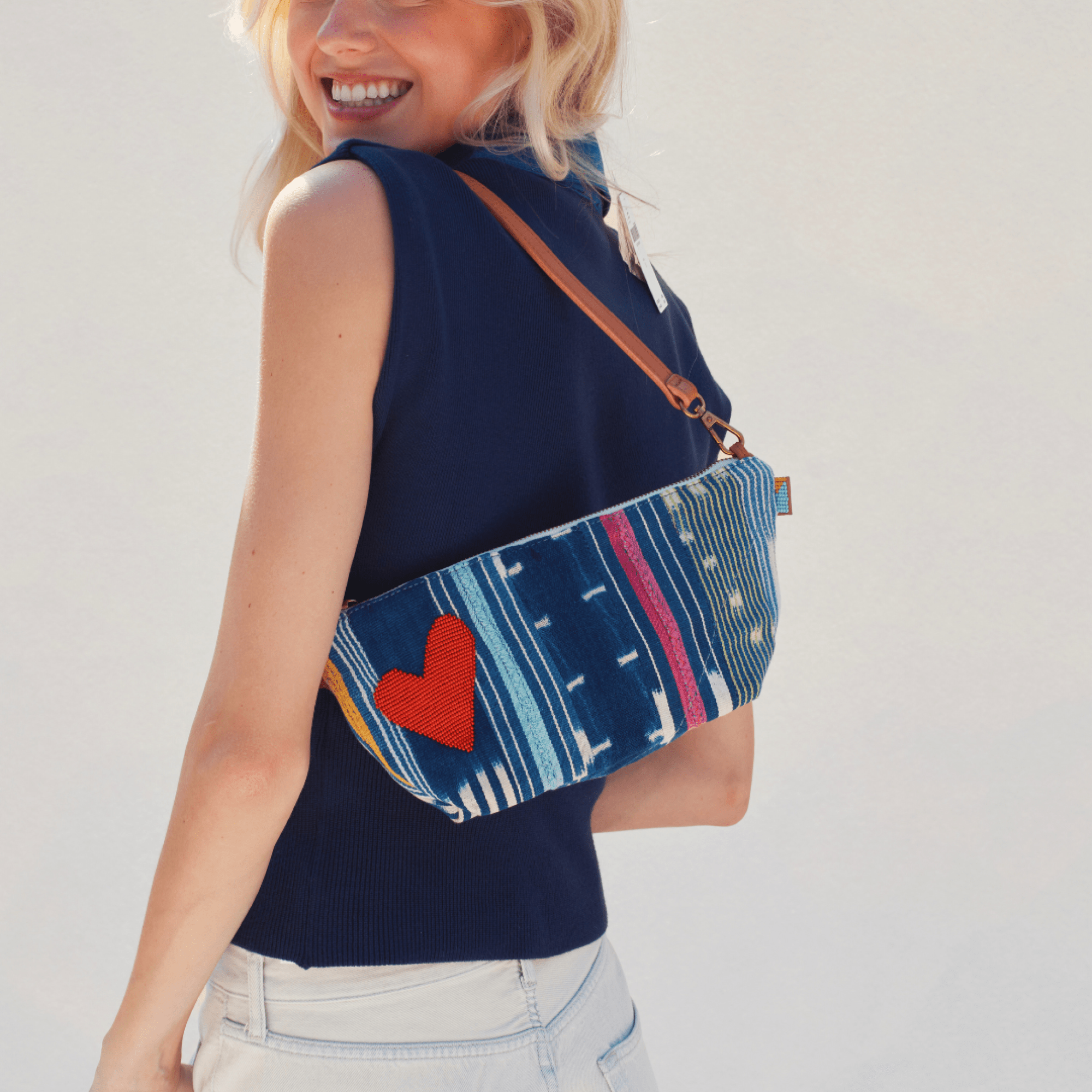 Large Convertible Pouch - Baule Cloth with Red Beaded Heart - Che Cose Belle