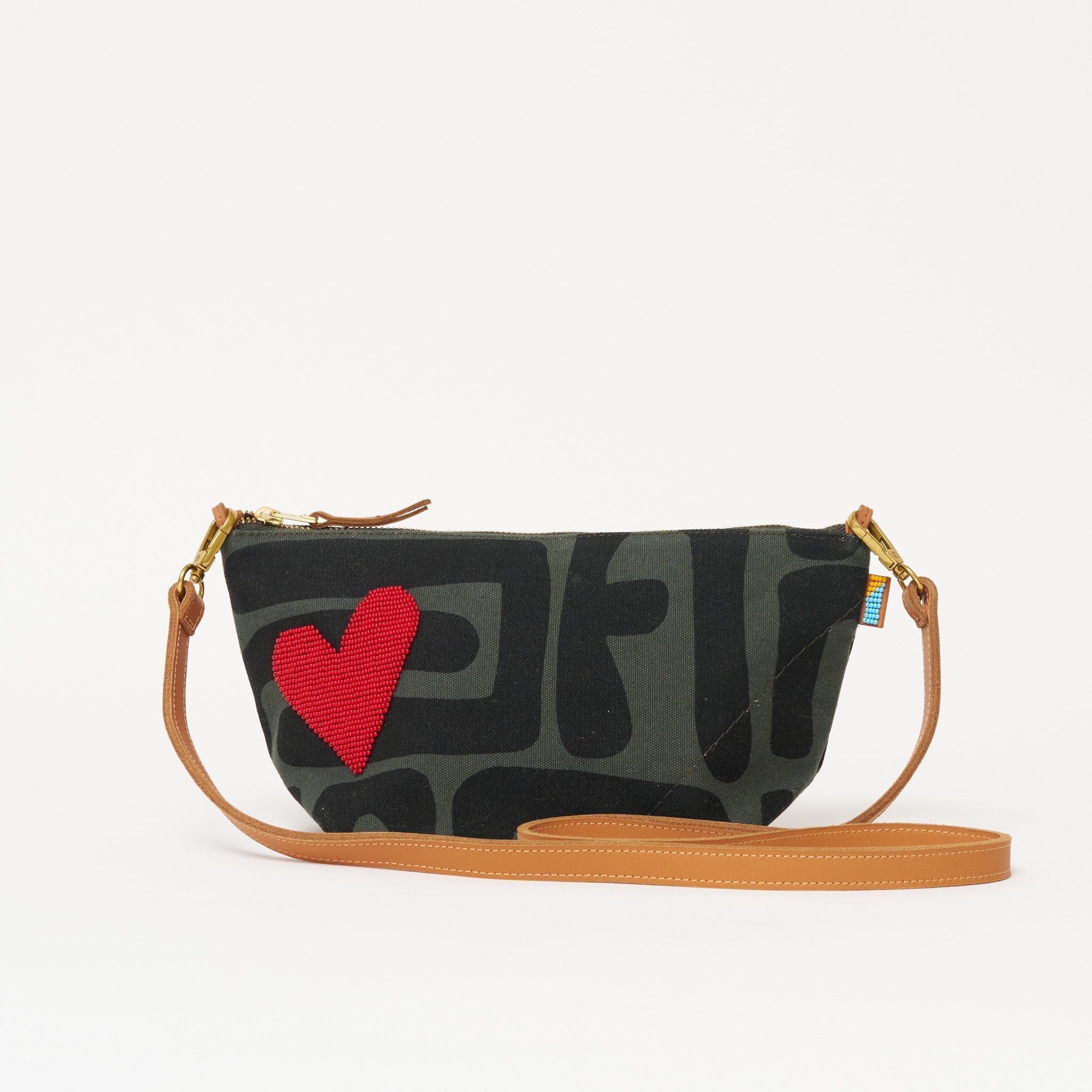 Large Convertible Pouch - Safari Kuba with Beaded Red Heart with Medium Leather Strap - Che Cose Belle