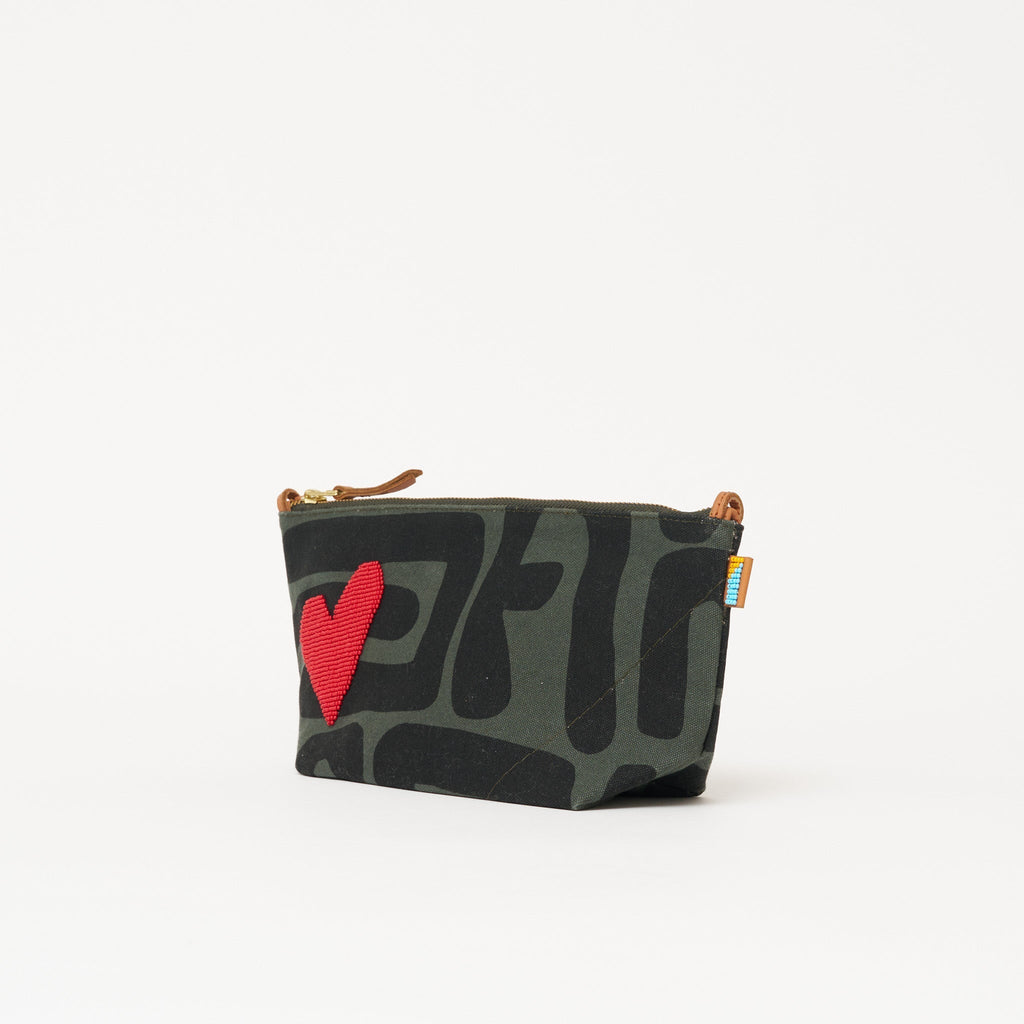 Large Convertible Pouch - Safari Kuba with Beaded Red Heart with Medium Leather Strap - Che Cose Belle