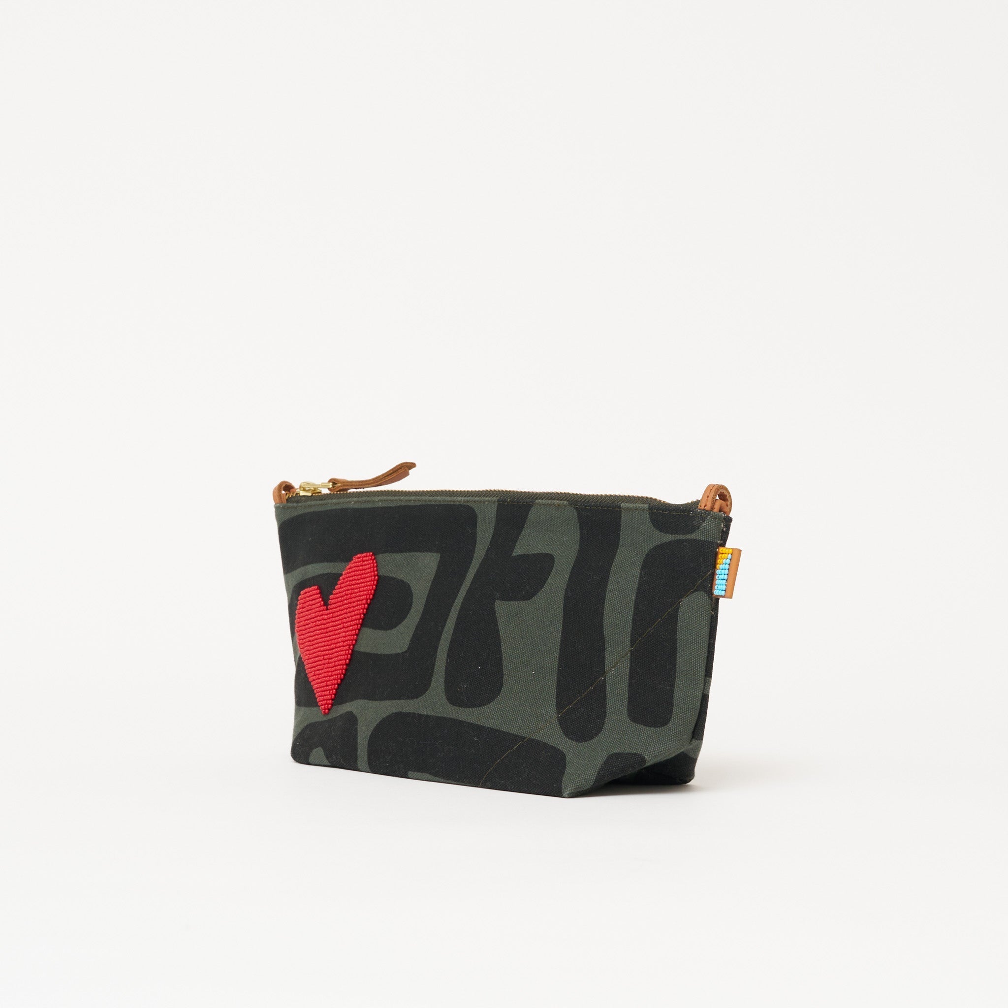 Large Convertible Pouch - Safari Kuba with Beaded Red Heart with Medium Leather Strap - Che Cose Belle