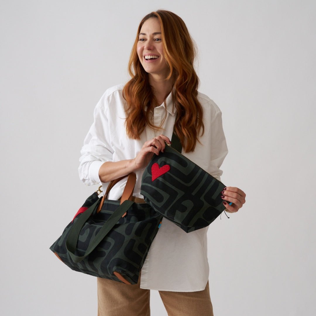 Large Convertible Pouch - Safari Kuba with Beaded Red Heart with Medium Leather Strap - Che Cose Belle