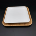 Large Feast Charcuterie Plating Set Including Long Bamboo Serving Tray And Square Bamboo Platters With Fine Porcelain Plates To Match - Che Cose Belle
