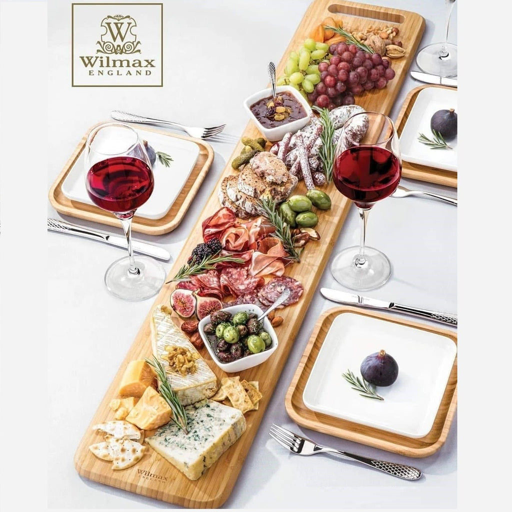 Large Feast Charcuterie Plating Set Including Long Bamboo Serving Tray And Square Bamboo Platters With Fine Porcelain Plates To Match - Che Cose Belle