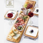 Large Feast Charcuterie Plating Set Including Long Bamboo Serving Tray And Square Bamboo Platters With Fine Porcelain Plates To Match - Che Cose Belle