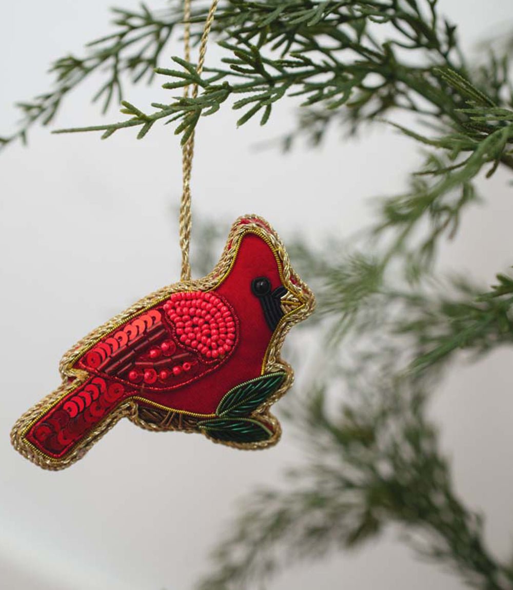 Larissa Plush Cardinal Beaded Fabric Ornament - Embroidered - Che Cose Belle
