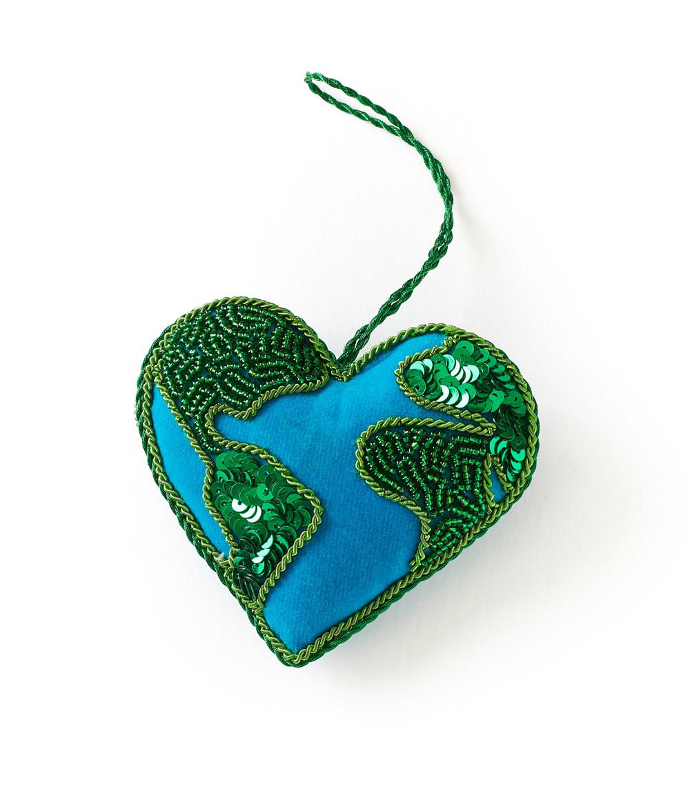 Larissa Plush Heart Earth Beaded Felt Ornament - Embroidered - Che Cose Belle