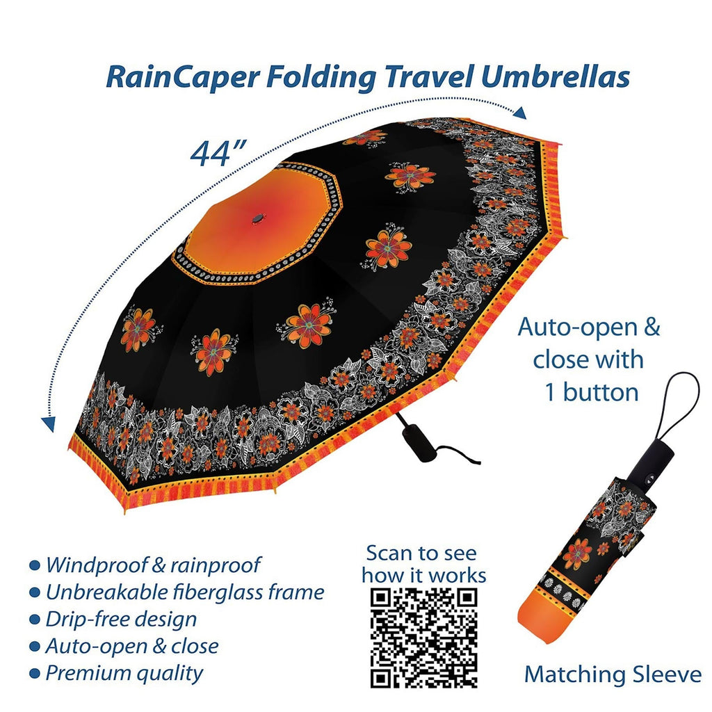 Laurel Burch "Orange Blossoms" Travel Umbrella – Compact, One-Touch Open & Close - Che Cose Belle