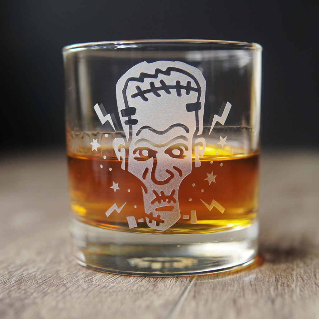 Frankenstein Lowball Glass - etched horror monster barware