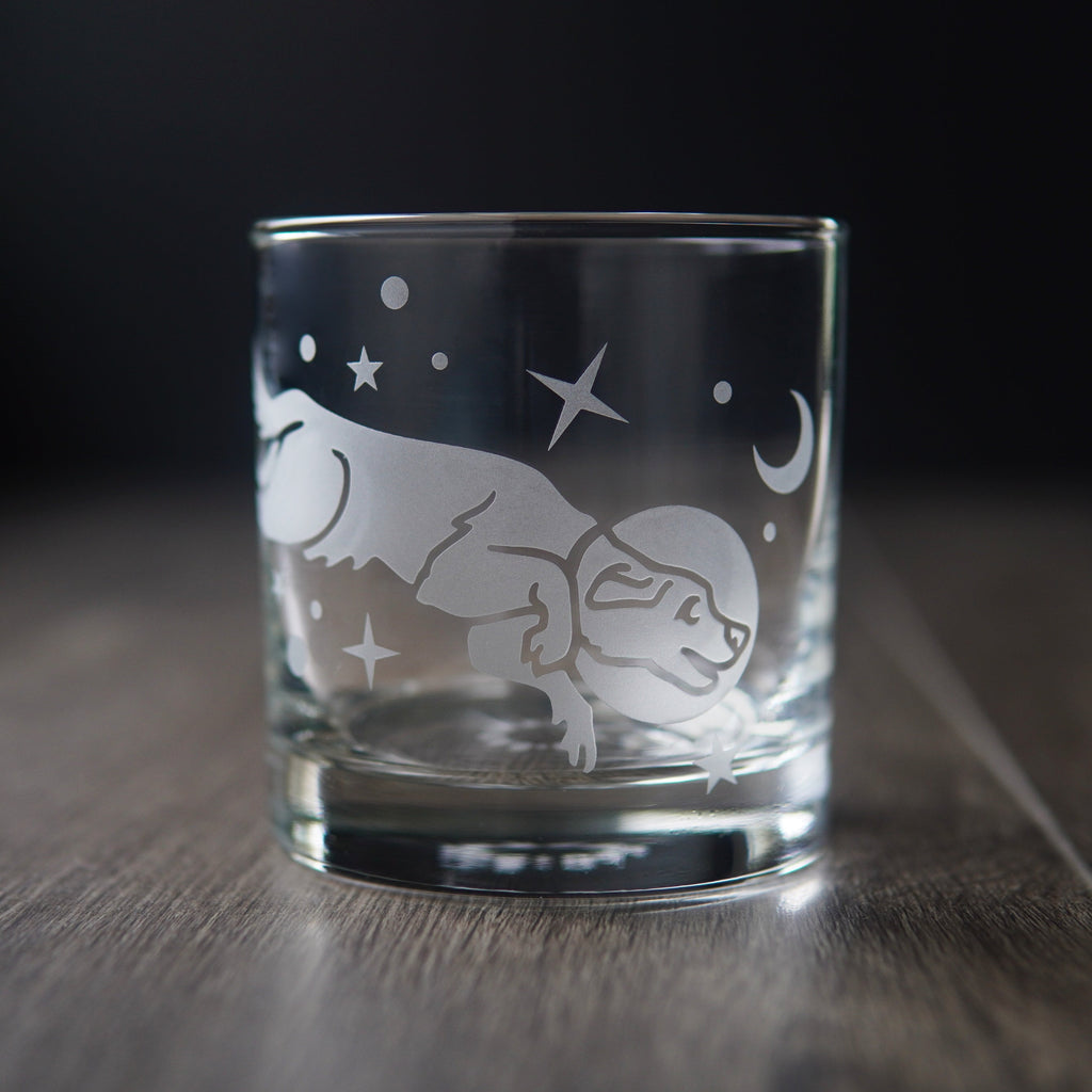 Space Dog Lowball Glass - celestial etched cocktail barware