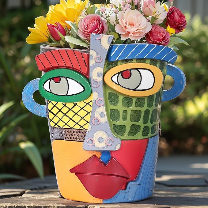 LCCCK Colorful Face Planter Funky Head Planters for Indoor Plants, Succulent Pots with Drainage for Home Unique Decor, Large Abstract Flower Pots for Indoor Outdoor Garden Cute Plant Decor - Che Cose Belle